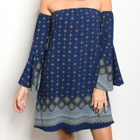Navy Off Shoulder Print Dress